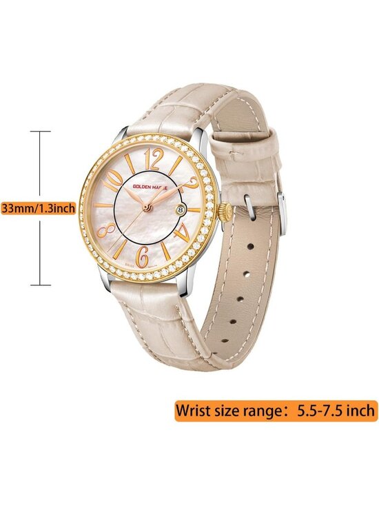 Women\'s Beige Dainty Watch Mother of Pearl Dial Leather Strap Quartz Wrist Watch